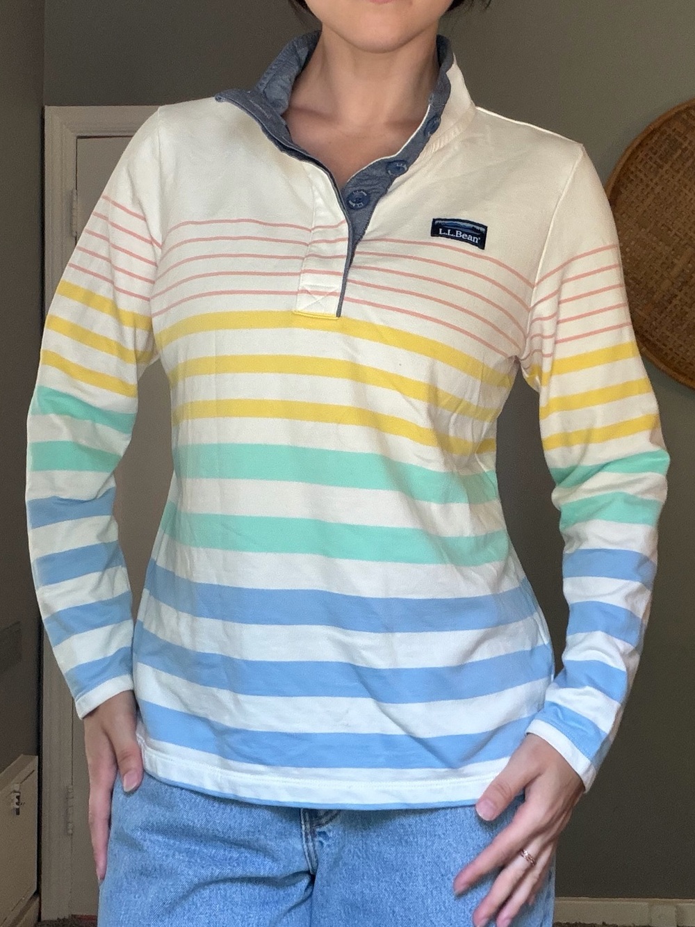 L.L. Bean Cream Striped Polo with Navy Collar